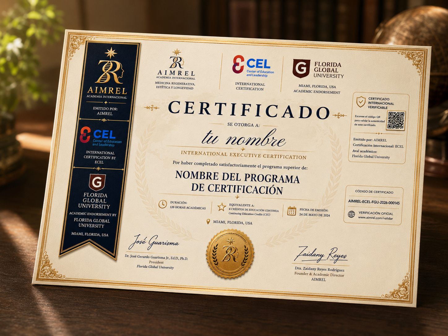 Certificado internacional AIMREL con aval de CEL y Florida Global University